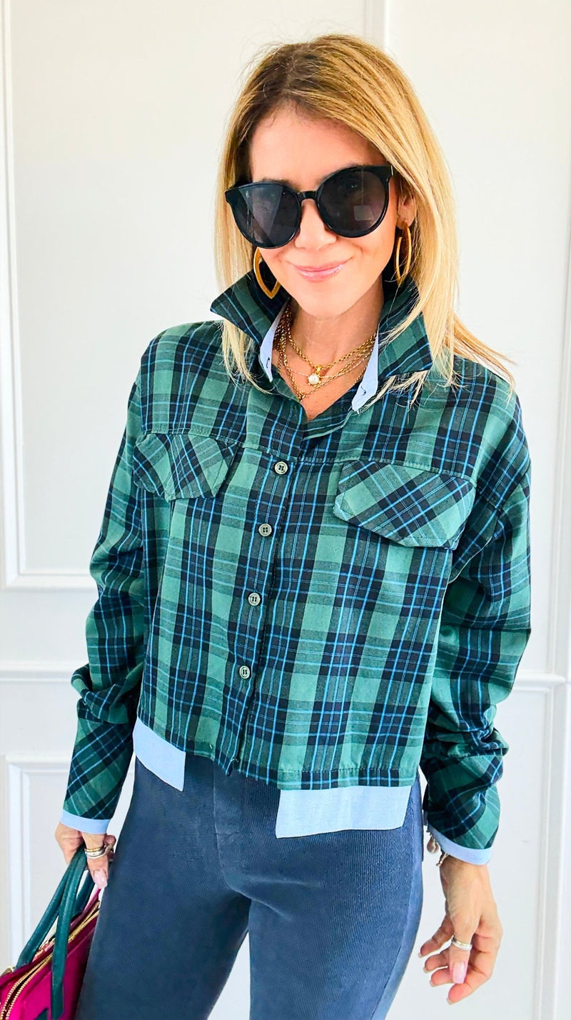 Contrast Cut Plaid Italian Crop Blouse- Green-110 Long Sleeve Tops-Mitica & Co-Coastal Bloom Boutique, find the trendiest versions of the popular styles and looks Located in Indialantic, FL