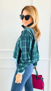 Contrast Cut Plaid Italian Crop Blouse- Green-110 Long Sleeve Tops-Mitica & Co-Coastal Bloom Boutique, find the trendiest versions of the popular styles and looks Located in Indialantic, FL