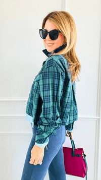 Contrast Cut Plaid Italian Crop Blouse- Green-110 Long Sleeve Tops-Mitica & Co-Coastal Bloom Boutique, find the trendiest versions of the popular styles and looks Located in Indialantic, FL