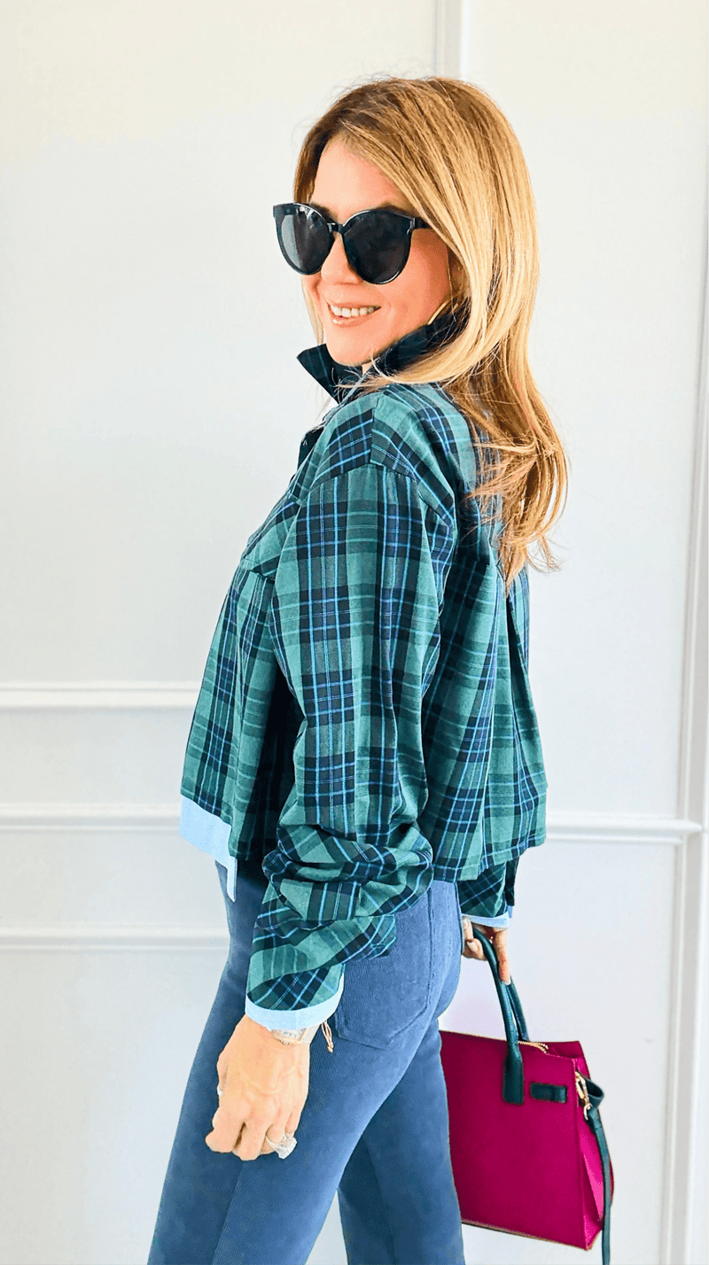 Contrast Cut Plaid Italian Crop Blouse- Green-110 Long Sleeve Tops-Mitica & Co-Coastal Bloom Boutique, find the trendiest versions of the popular styles and looks Located in Indialantic, FL