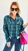 Contrast Cut Plaid Italian Crop Blouse- Green-110 Long Sleeve Tops-Mitica & Co-Coastal Bloom Boutique, find the trendiest versions of the popular styles and looks Located in Indialantic, FL