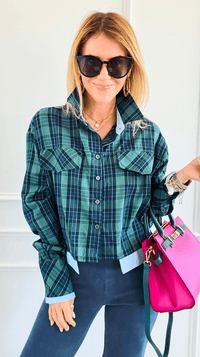 Contrast Cut Plaid Italian Crop Blouse- Green-110 Long Sleeve Tops-Mitica & Co-Coastal Bloom Boutique, find the trendiest versions of the popular styles and looks Located in Indialantic, FL