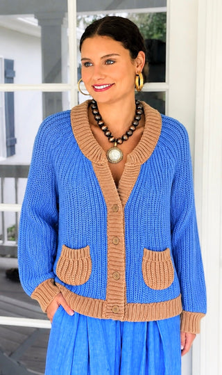 Contrast Pocket Cardigan - Blue/Camel