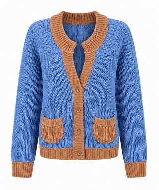 Contrast Pocket Cardigan - Blue/Camel
