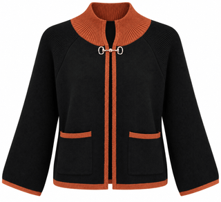 Contrast Trim Hook Front Knit Cardigan - Black
