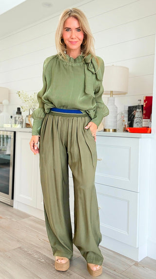 Contrast Waist Pants - Olive