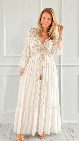 Cream Boho Embroidered Tassel Maxi Dress