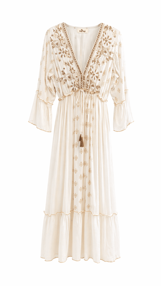 Cream Boho Embroidered Tassel Maxi Dress