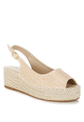 Croc Embossed Peep Toe Espadrille Wedges