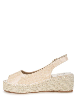 Croc Embossed Peep Toe Espadrille Wedges