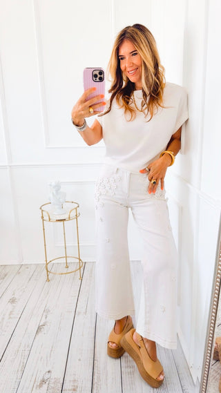 Cropped Wide Leg Floral Detail Pants
