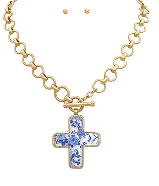 Blue Floral Cross Set-230 Jewelry-GS JEWELRY-Coastal Bloom Boutique, find the trendiest versions of the popular styles and looks Located in Indialantic, FL