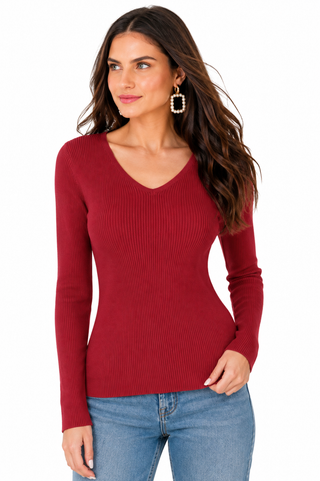 Fitted V-Neck Knit Top - Cabernet