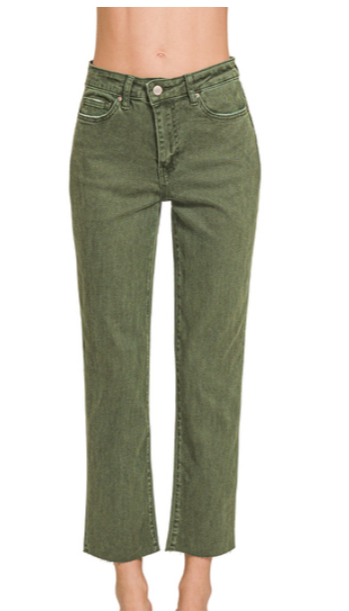 Washed Edge Cropped Jeans - Dark Olive-190 Denim-Zenana-Coastal Bloom Boutique, find the trendiest versions of the popular styles and looks Located in Indialantic, FL