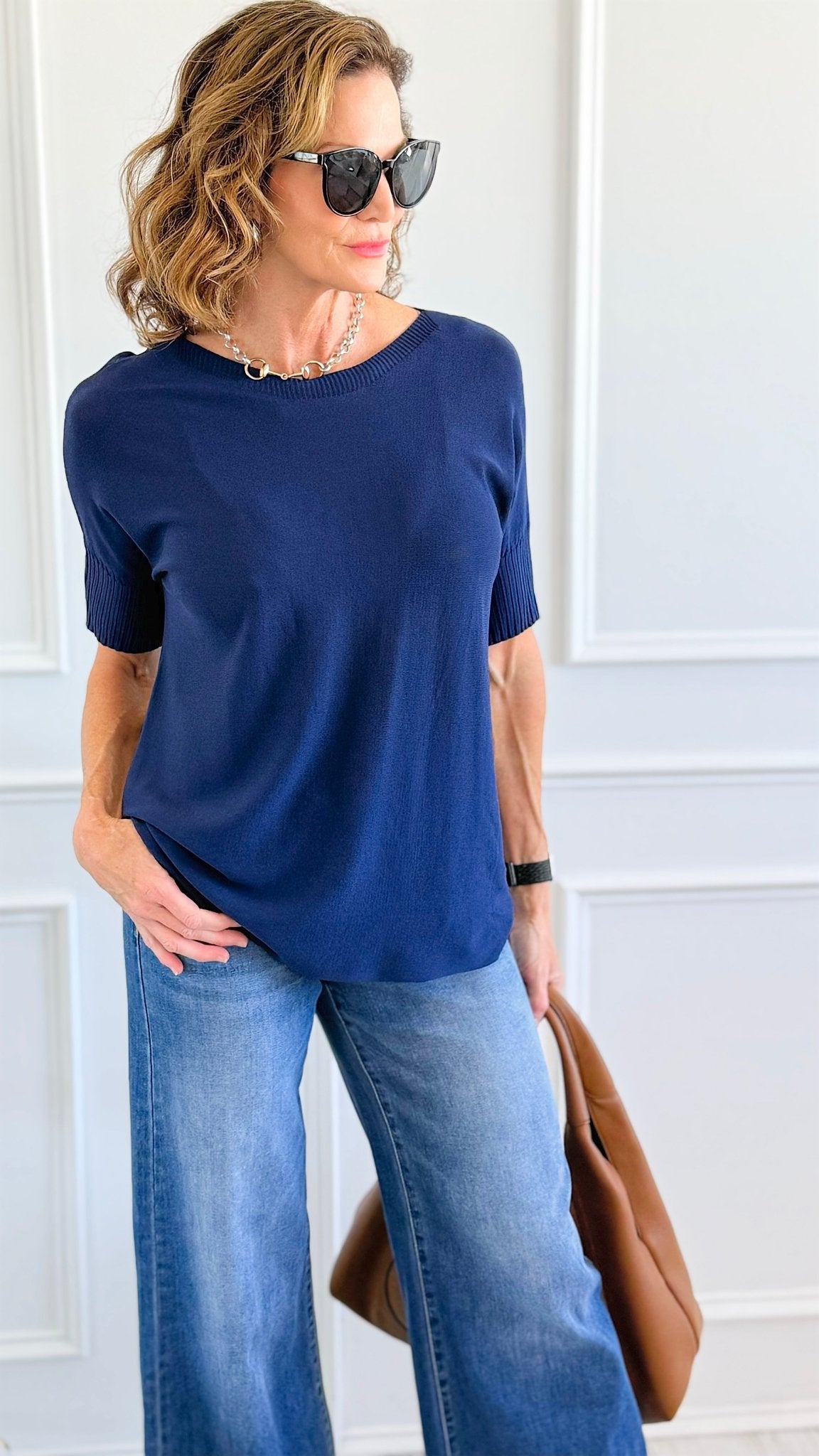 Day To Night Italian Top- Navy-110 Short Sleeve Tops-Aute-Coastal Bloom Boutique, find the trendiest versions of the popular styles and looks Located in Indialantic, FL