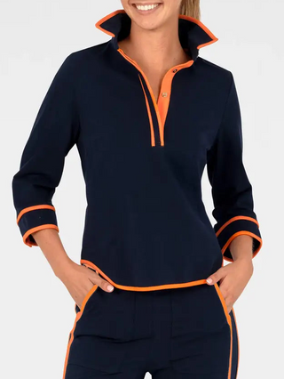 Contrast Trim Quarter Sleeve Top - Navy/Orange
