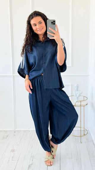 Denim Chic Side Stripe Italian Button Down Top