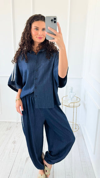 Denim Chic Side Stripe Italian Button Down Top
