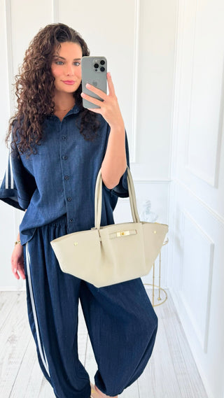 Denim Chic Side Stripe Italian Button Down Top
