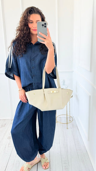 Denim Chic Side Stripe Italian Button Down Top