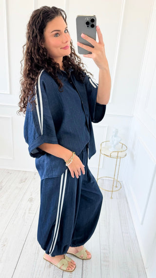 Denim Chic Side Stripe Italian Button Down Top