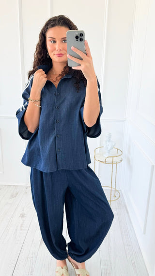 Denim Chic Side Stripe Italian Button Down Top