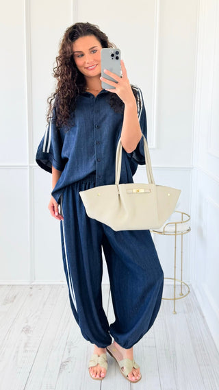 Denim Chic Side Stripe Italian Button Down Top