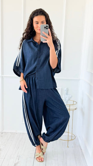 Denim Chic Side Stripe Italian Button Down Top