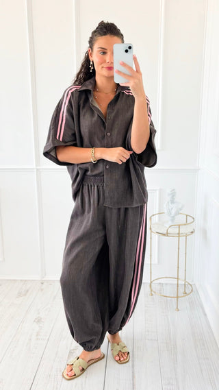Denim Chic Side Stripe Italian Jogger- Brown