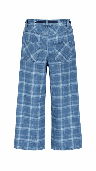 Denim Plaid Drawstring High Waist Pants