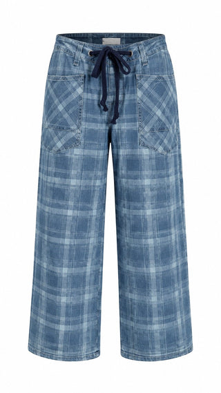 Denim Plaid Drawstring High Waist Pants