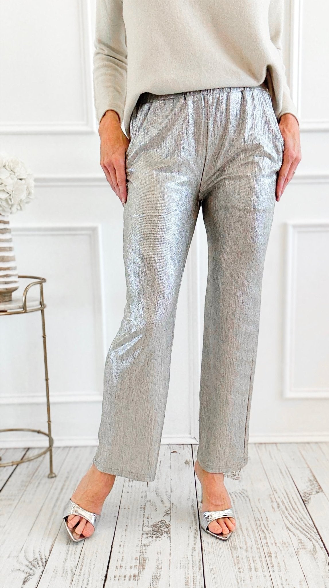 Disco Dream Straight Leg Pants -Silver -JOH-100 Pants-Joh Apparel-Coastal Bloom Boutique, find the trendiest versions of the popular styles and looks Located in Indialantic, FL