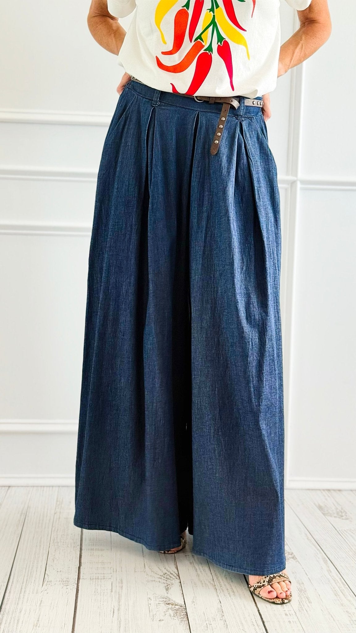 Diva Flare Leg Chambray Italian Pants-100 Pants-V SKY-Coastal Bloom Boutique, find the trendiest versions of the popular styles and looks Located in Indialantic, FL