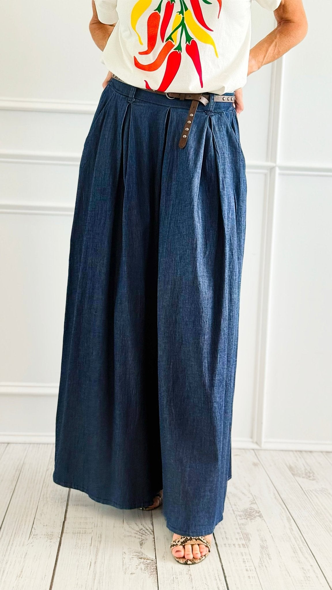 Diva Flare Leg Chambray Italian Pants-100 Pants-V SKY-Coastal Bloom Boutique, find the trendiest versions of the popular styles and looks Located in Indialantic, FL