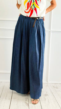 Diva Flare Leg Chambray Italian Pants-100 Pants-V SKY-Coastal Bloom Boutique, find the trendiest versions of the popular styles and looks Located in Indialantic, FL