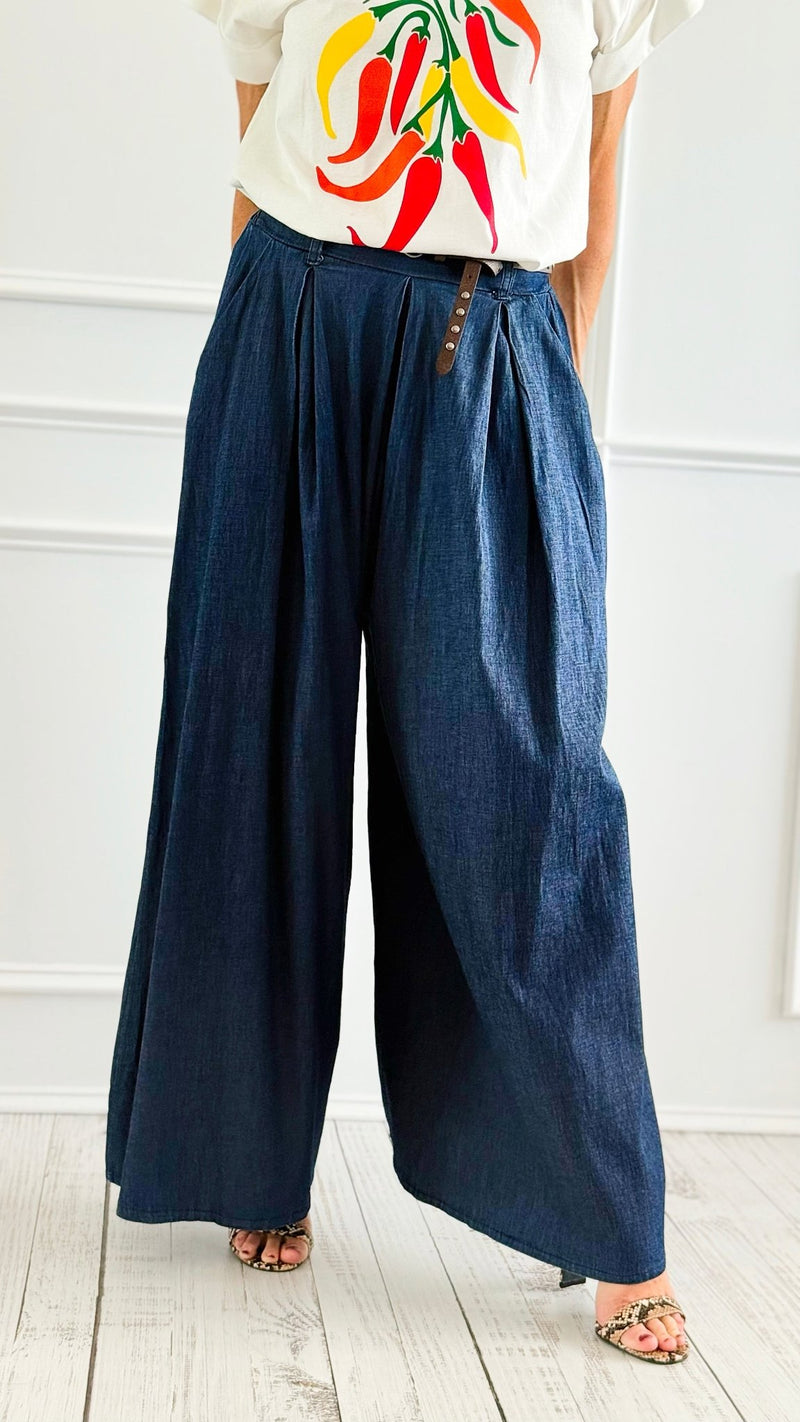 Diva Flare Leg Chambray Italian Pants-100 Pants-V SKY-Coastal Bloom Boutique, find the trendiest versions of the popular styles and looks Located in Indialantic, FL