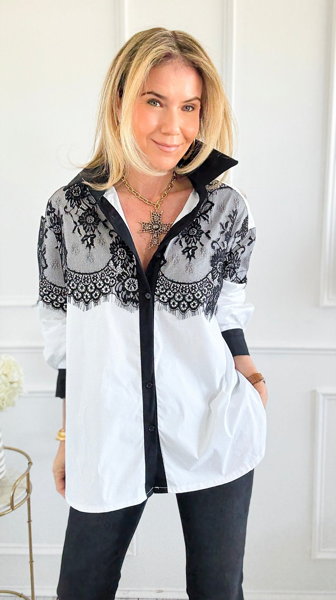 Divine Detail Italian Button- Down Top-110 Long Sleeve Tops-TATTOO Z-Coastal Bloom Boutique, find the trendiest versions of the popular styles and looks Located in Indialantic, FL