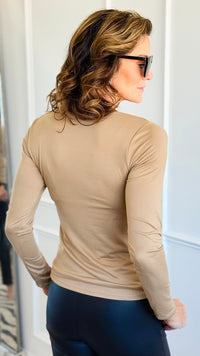 Double Front & Back V-Neck Top - Mocha-110 Long Sleeve Tops-spin usa-Coastal Bloom Boutique, find the trendiest versions of the popular styles and looks Located in Indialantic, FL