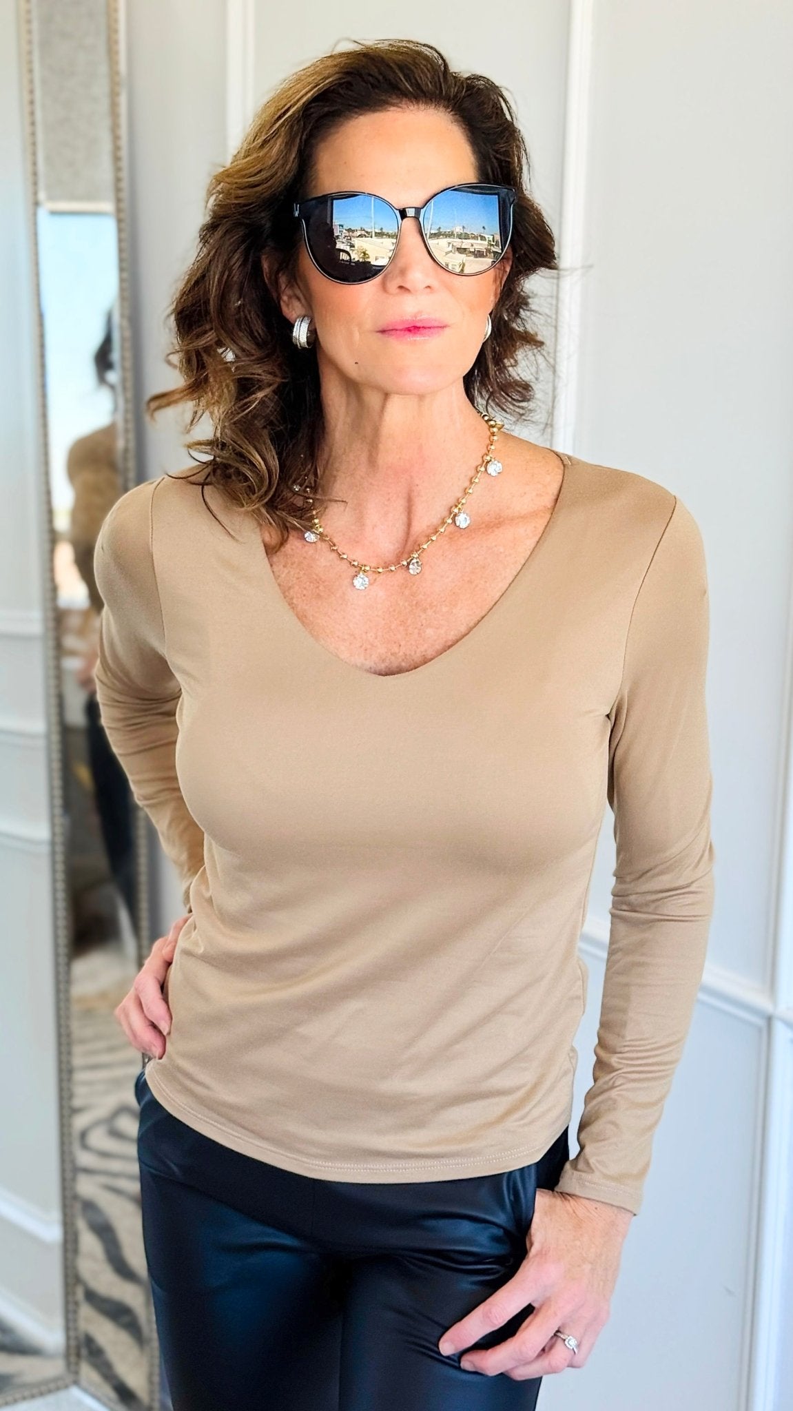 Double Front & Back V-Neck Top - Mocha-110 Long Sleeve Tops-spin usa-Coastal Bloom Boutique, find the trendiest versions of the popular styles and looks Located in Indialantic, FL