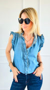 Double Ruffle Sleeveless Denim Blouse - Denim Blue-100 Sleeveless Tops-NoaBoa-Coastal Bloom Boutique, find the trendiest versions of the popular styles and looks Located in Indialantic, FL