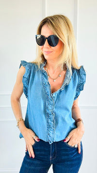 Double Ruffle Sleeveless Denim Blouse - Denim Blue-100 Sleeveless Tops-NoaBoa-Coastal Bloom Boutique, find the trendiest versions of the popular styles and looks Located in Indialantic, FL