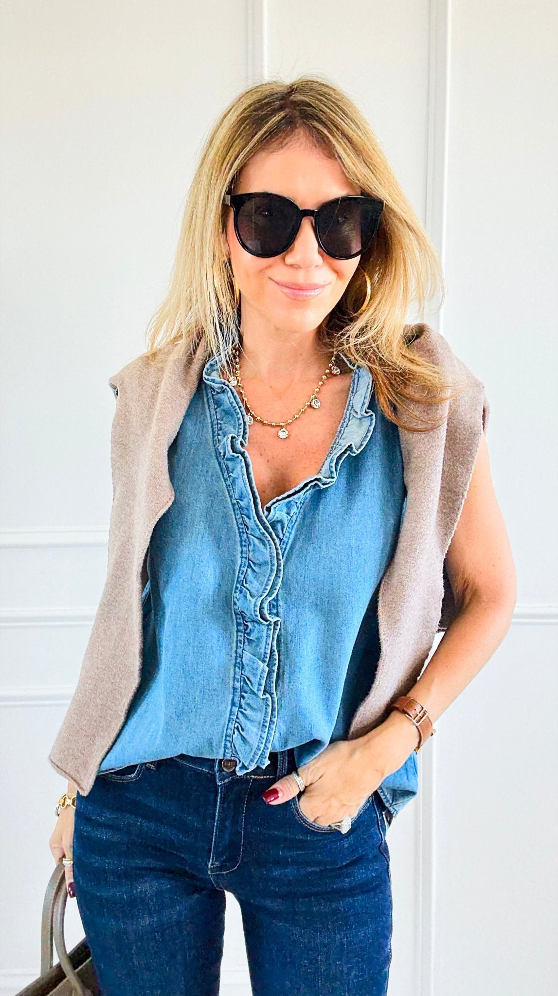 Double Ruffle Sleeveless Denim Blouse - Denim Blue-100 Sleeveless Tops-NoaBoa-Coastal Bloom Boutique, find the trendiest versions of the popular styles and looks Located in Indialantic, FL