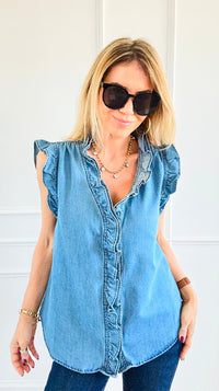 Double Ruffle Sleeveless Denim Blouse - Denim Blue-100 Sleeveless Tops-NoaBoa-Coastal Bloom Boutique, find the trendiest versions of the popular styles and looks Located in Indialantic, FL