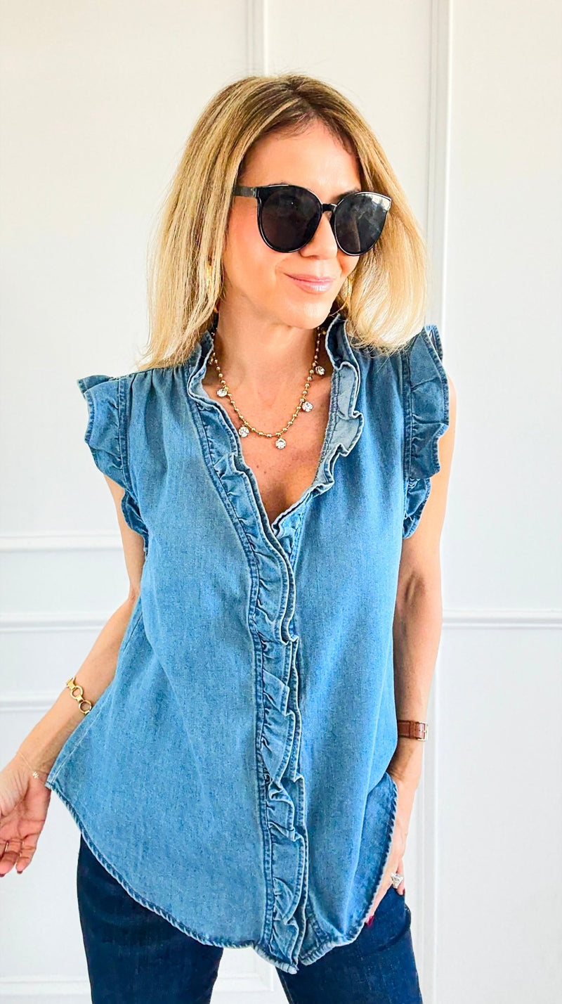 Double Ruffle Sleeveless Denim Blouse - Denim Blue-100 Sleeveless Tops-NoaBoa-Coastal Bloom Boutique, find the trendiest versions of the popular styles and looks Located in Indialantic, FL