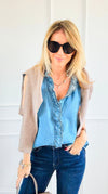 Double Ruffle Sleeveless Denim Blouse - Denim Blue-100 Sleeveless Tops-NoaBoa-Coastal Bloom Boutique, find the trendiest versions of the popular styles and looks Located in Indialantic, FL