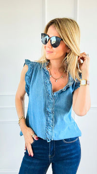 Double Ruffle Sleeveless Denim Blouse - Denim Blue-100 Sleeveless Tops-NoaBoa-Coastal Bloom Boutique, find the trendiest versions of the popular styles and looks Located in Indialantic, FL
