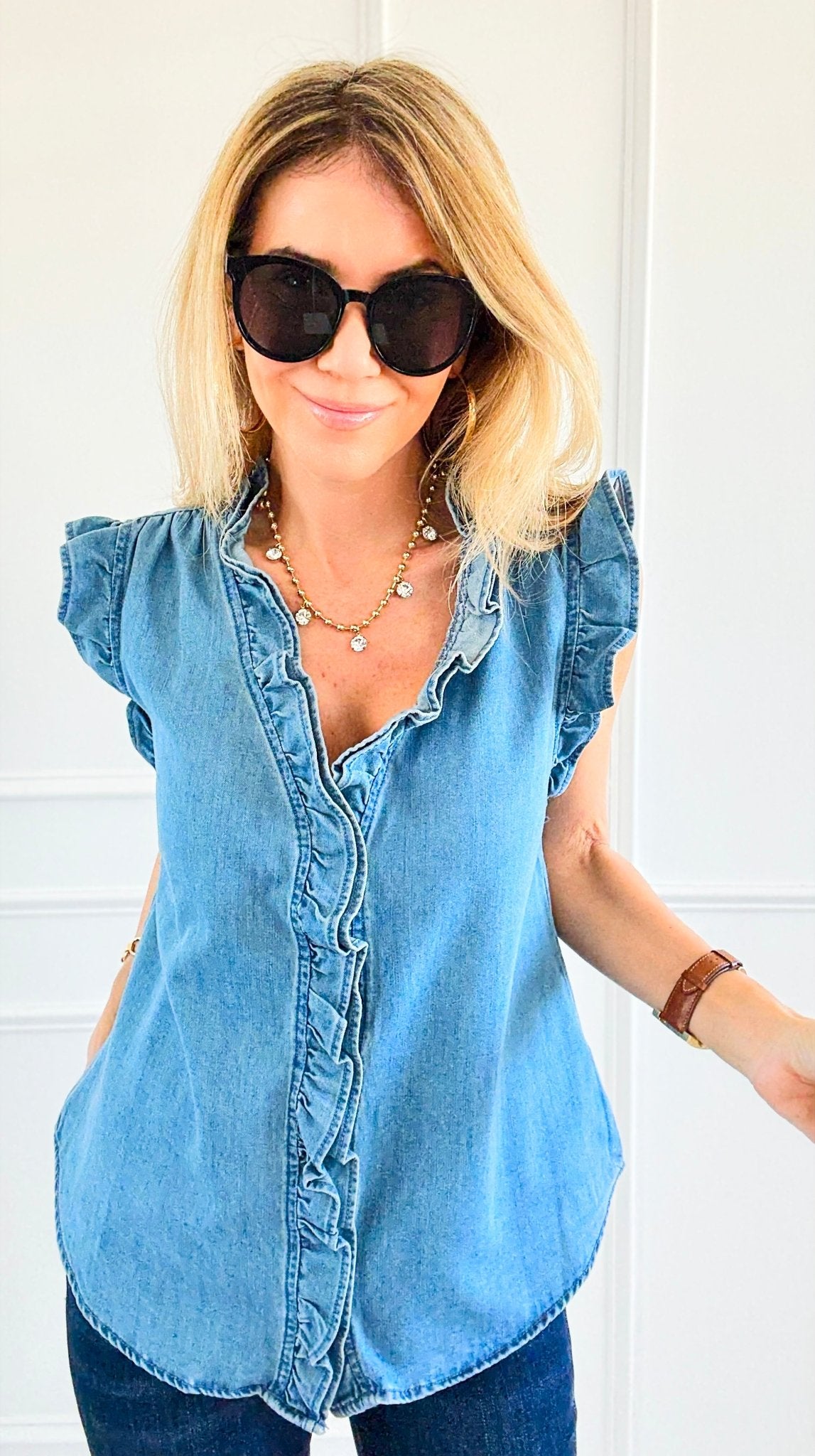 Double Ruffle Sleeveless Denim Blouse - Denim Blue-100 Sleeveless Tops-NoaBoa-Coastal Bloom Boutique, find the trendiest versions of the popular styles and looks Located in Indialantic, FL