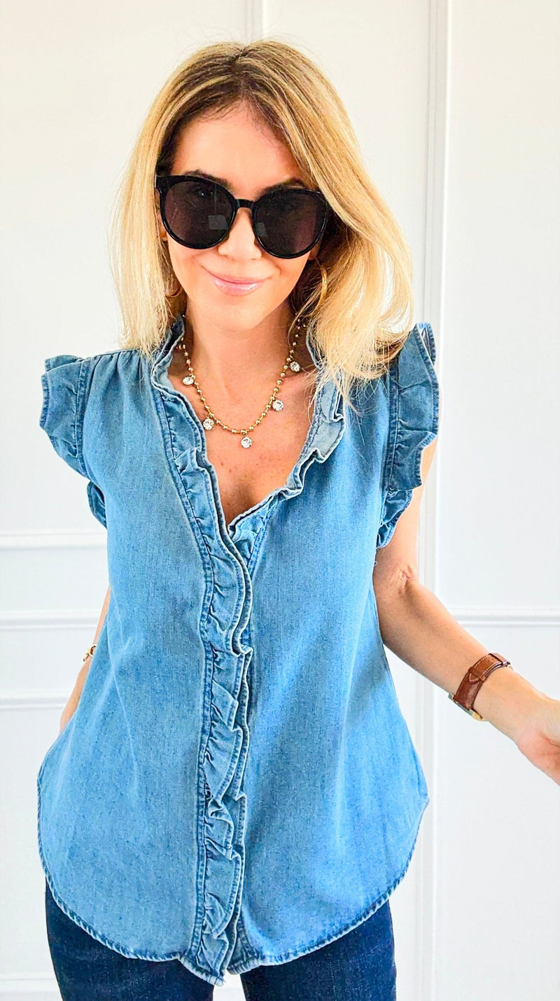 Double Ruffle Sleeveless Denim Blouse - Denim Blue-100 Sleeveless Tops-NoaBoa-Coastal Bloom Boutique, find the trendiest versions of the popular styles and looks Located in Indialantic, FL