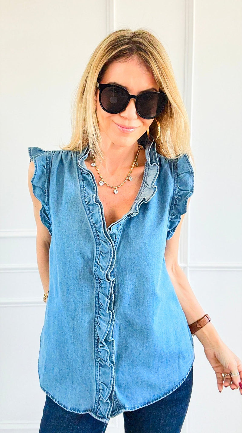 Double Ruffle Sleeveless Denim Blouse - Denim Blue-100 Sleeveless Tops-NoaBoa-Coastal Bloom Boutique, find the trendiest versions of the popular styles and looks Located in Indialantic, FL
