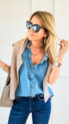 Double Ruffle Sleeveless Denim Blouse - Denim Blue-100 Sleeveless Tops-NoaBoa-Coastal Bloom Boutique, find the trendiest versions of the popular styles and looks Located in Indialantic, FL